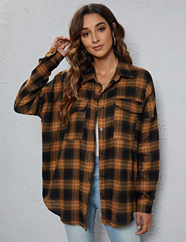 Women's Button Down Flannel Shirts Plaid Shacket Long Sleeve Collared Business Casual Tops Work Blouses
