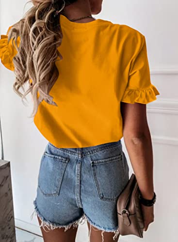 Women's Short Sleeve Casual T Shirts Summer Ruffle Plain Round Neck Loose Fit Tee Blouse Tops