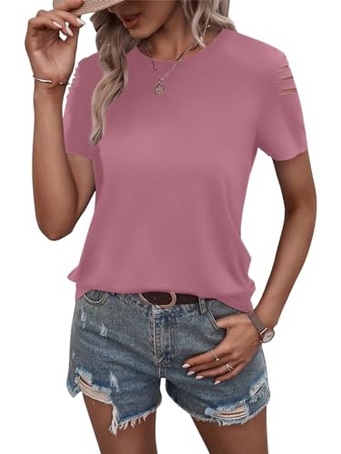 Women's Short Sleeve T Shirts Crew Neck Ripped Cut Out Summer Casual Basic Tees Tops