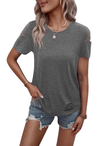 Women's Short Sleeve T Shirts Crew Neck Ripped Cut Out Summer Casual Basic Tees Tops