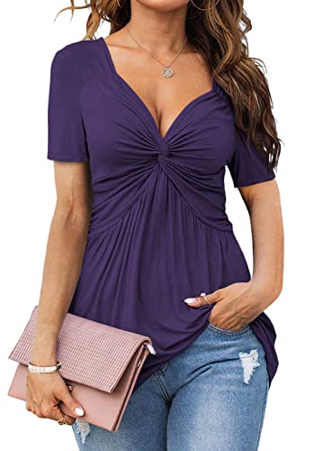Womens Front Knotted V-Neck Blouse T Shirt Short Sleeve Oversized Tunic Tops Summer Solid Pullover Tees