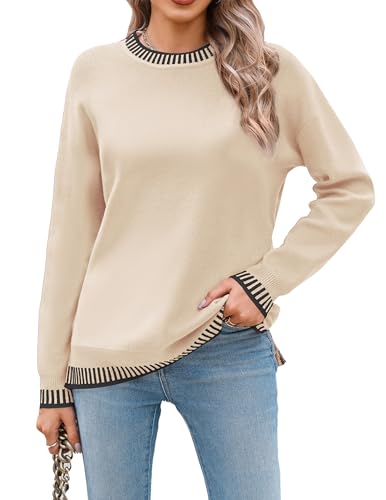 Womens Crewneck Pullover Sweater Long Sleeve Knit Side Slit