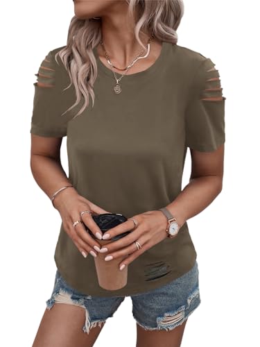 Women's Short Sleeve T Shirts Crew Neck Ripped Cut Out Summer Casual Basic Tees Tops
