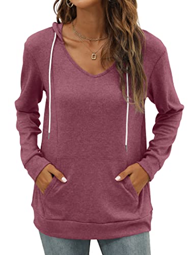 Pocket Hoodies for Womens V Neck Lightweight Sweatshirts Long Sleeve Tops