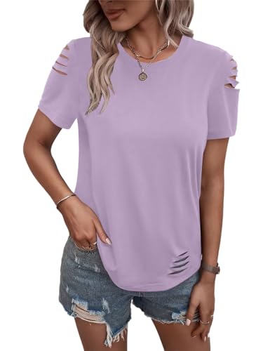 Women's Short Sleeve T Shirts Crew Neck Ripped Cut Out Summer Casual Basic Tees Tops