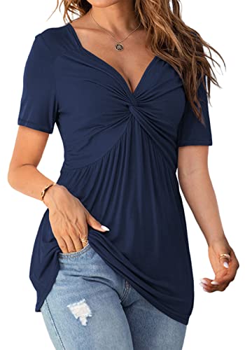 Womens Front Knotted V-Neck Blouse T Shirt Short Sleeve Oversized Tunic Tops Summer Solid Pullover Tees