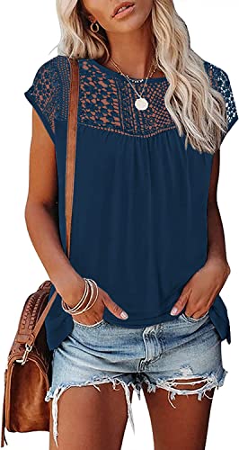 Womens Cap Sleeve Tops 2024 Trendy Floral Print Summer Tops Loose Fit Lace T Shirts Blouses