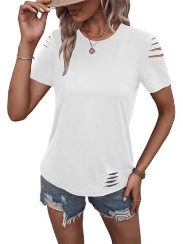 Women's Short Sleeve T Shirts Crew Neck Ripped Cut Out Summer Casual Basic Tees Tops