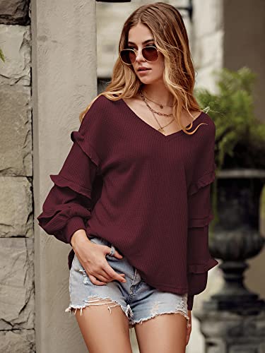 Women’s V Neck Long Sleeve Blouse Loose Fit Tunics Ruffles Off Shoulder Waffle Knit Solid Color Tops