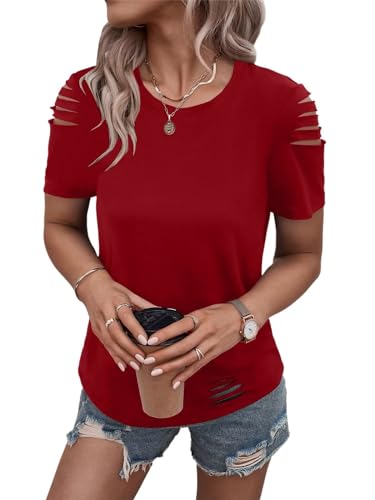 Women's Short Sleeve T Shirts Crew Neck Ripped Cut Out Summer Casual Basic Tees Tops