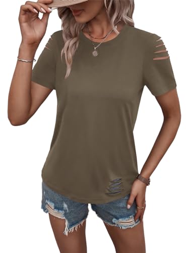 Women's Short Sleeve T Shirts Crew Neck Ripped Cut Out Summer Casual Basic Tees Tops