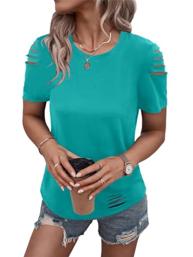 Women's Short Sleeve T Shirts Crew Neck Ripped Cut Out Summer Casual Basic Tees Tops