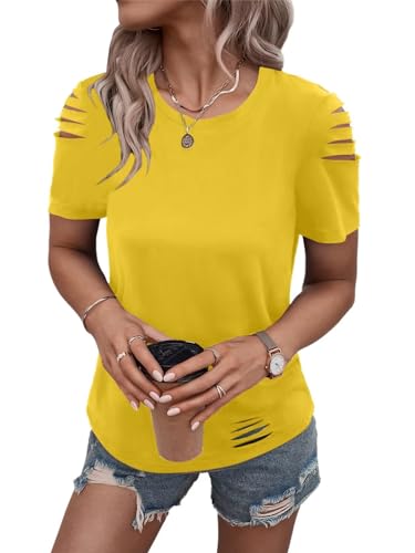 Women's Short Sleeve T Shirts Crew Neck Ripped Cut Out Summer Casual Basic Tees Tops