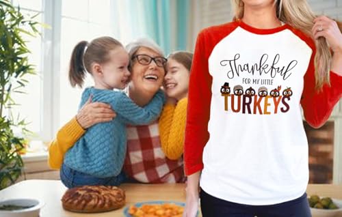 Thankful for My Little Turkeys Shirt Women Thanksgiving Tshirt Cute Graphic Raglan 3/4 Sleeve Baseball Tee Tops