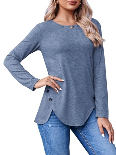 Womens Casual Long Sleeve Tunic Shirts Round Neck Button Side Blouses Tops