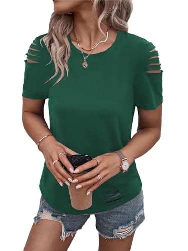 Women's Short Sleeve T Shirts Crew Neck Ripped Cut Out Summer Casual Basic Tees Tops