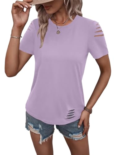 Women's Short Sleeve T Shirts Crew Neck Ripped Cut Out Summer Casual Basic Tees Tops