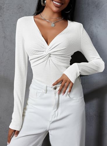 Long Sleeve Tops for Women Fall 2024 Womens V Neck Sexy T Shirts for Women Fitted Shirts Tight Basic Tee