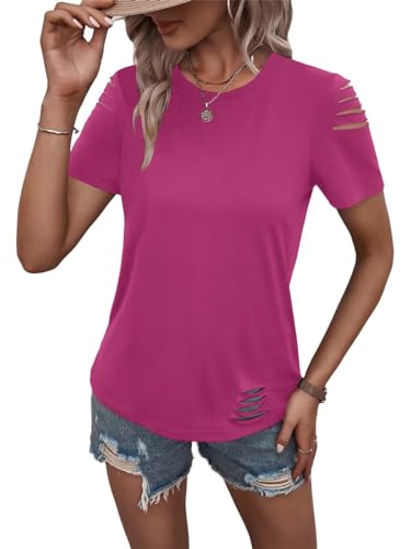 Women's Short Sleeve T Shirts Crew Neck Ripped Cut Out Summer Casual Basic Tees Tops
