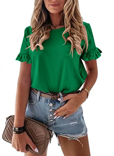 Women's Short Sleeve Casual T Shirts Summer Ruffle Plain Round Neck Loose Fit Tee Blouse Tops
