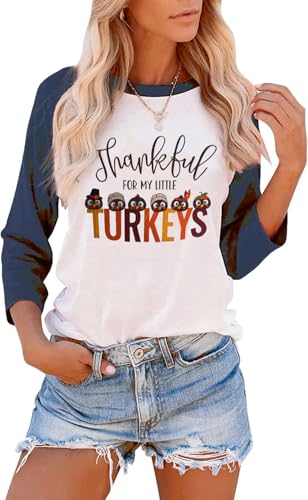 Thankful for My Little Turkeys Shirt Women Thanksgiving Tshirt Cute Graphic Raglan 3/4 Sleeve Baseball Tee Tops