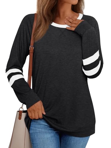 Womens Long Sleeve Shirts Color Block Casual Crewneck Tops Tshirt