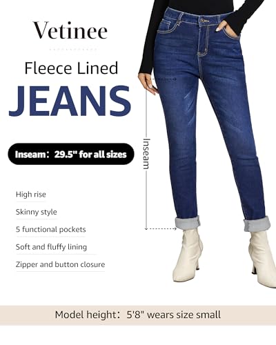 Vetinee Fleece Lined Jeans for Women High Waisted Skinny Winter Warm Slim Fit Thermal Jean Pants Stretchy Denim Jeggings