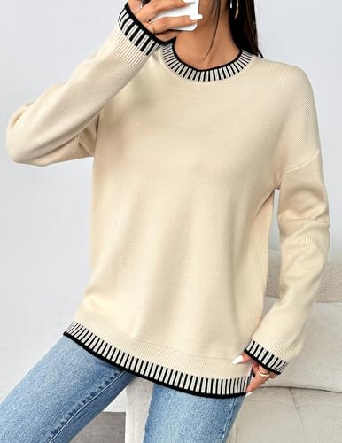 Womens Crewneck Pullover Sweater Long Sleeve Knit Side Slit