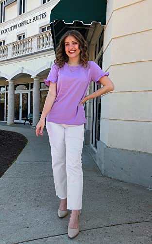 Women's Short Sleeve Casual T Shirts Summer Ruffle Plain Round Neck Loose Fit Tee Blouse Tops