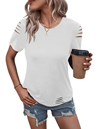 Women's Short Sleeve T Shirts Crew Neck Ripped Cut Out Summer Casual Basic Tees Tops