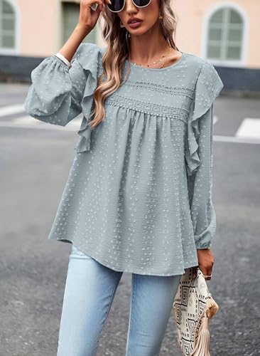Women's Long Sleeve Blouses Ruffle Swiss Dot Crochet Loose Fit