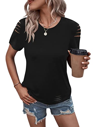 Women's Short Sleeve T Shirts Crew Neck Ripped Cut Out Summer Casual Basic Tees Tops