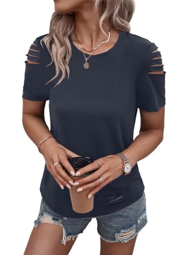 Women's Short Sleeve T Shirts Crew Neck Ripped Cut Out Summer Casual Basic Tees Tops