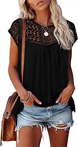 Womens Cap Sleeve Tops 2024 Trendy Floral Print Summer Tops Loose Fit Lace T Shirts Blouses