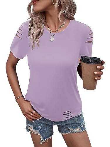 Women's Short Sleeve T Shirts Crew Neck Ripped Cut Out Summer Casual Basic Tees Tops