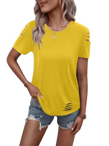 Women's Short Sleeve T Shirts Crew Neck Ripped Cut Out Summer Casual Basic Tees Tops