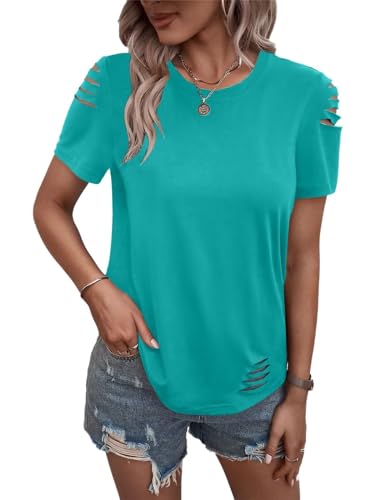 Women's Short Sleeve T Shirts Crew Neck Ripped Cut Out Summer Casual Basic Tees Tops