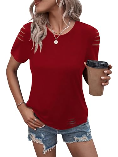 Women's Short Sleeve T Shirts Crew Neck Ripped Cut Out Summer Casual Basic Tees Tops