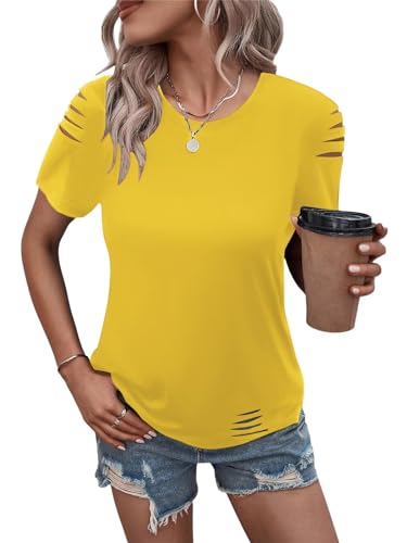 Women's Short Sleeve T Shirts Crew Neck Ripped Cut Out Summer Casual Basic Tees Tops