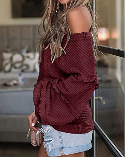 Women’s V Neck Long Sleeve Blouse Loose Fit Tunics Ruffles Off Shoulder Waffle Knit Solid Color Tops