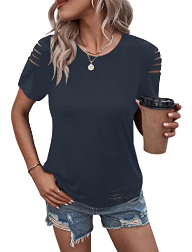 Women's Short Sleeve T Shirts Crew Neck Ripped Cut Out Summer Casual Basic Tees Tops