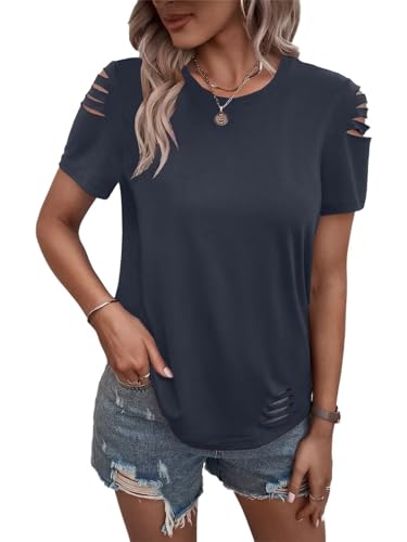 Women's Short Sleeve T Shirts Crew Neck Ripped Cut Out Summer Casual Basic Tees Tops
