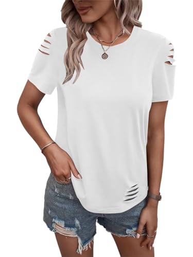 Women's Short Sleeve T Shirts Crew Neck Ripped Cut Out Summer Casual Basic Tees Tops