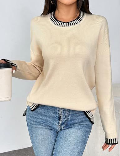 Womens Crewneck Pullover Sweater Long Sleeve Knit Side Slit