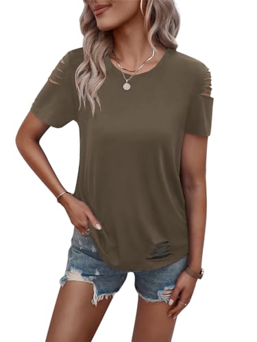 Women's Short Sleeve T Shirts Crew Neck Ripped Cut Out Summer Casual Basic Tees Tops