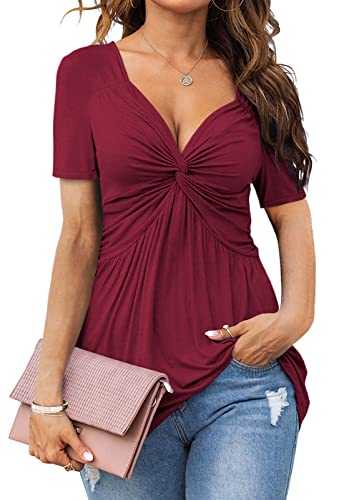 Womens Front Knotted V-Neck Blouse T Shirt Short Sleeve Oversized Tunic Tops Summer Solid Pullover Tees