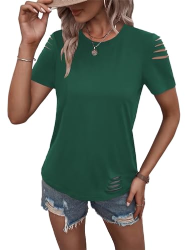 Women's Short Sleeve T Shirts Crew Neck Ripped Cut Out Summer Casual Basic Tees Tops