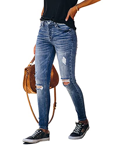 Women's High Rise Skinny Stretch Ripped Jeans High Waisted Destroyed Denim Pants