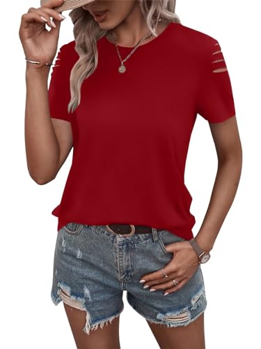 Women's Short Sleeve T Shirts Crew Neck Ripped Cut Out Summer Casual Basic Tees Tops