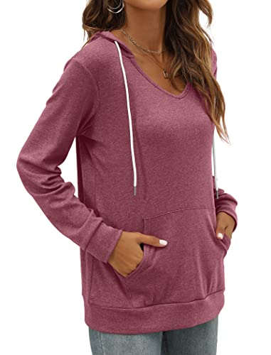 Pocket Hoodies for Womens V Neck Lightweight Sweatshirts Long Sleeve Tops
